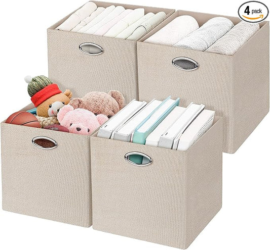 Posprica Storage Cubes, 12×12 Storage Bins, Fabric Drawers Organizer Basket, 4pcs, Beige by Posprica