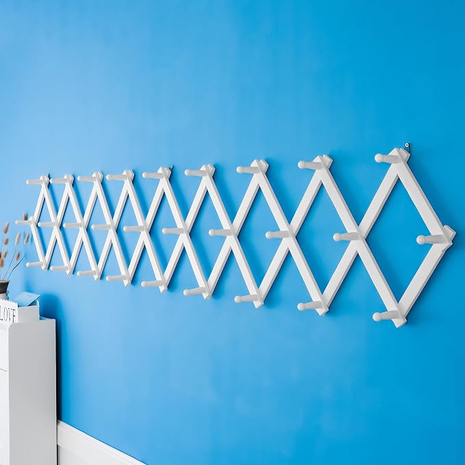 SKOLOO Accordion Wall Hanger with 28 Hooks, Modern Expandable Coat Rack Hat Rack for Wall, Solid Wooden, White - Image 3