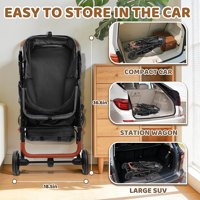 Dog Stroller for 2 Dogs, Pet Stroller for 2 Small Dogs, 360°All-Terrain 4-Wheel Cat & Dog Stroller, Adjustable Handle & Canopy, Cup Holder, Storage Organizer, Foldable & Ventilated (Black)