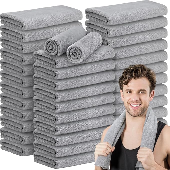 SmoothNovelty 36 Pcs Microfiber Gym Towel 16 x 28 in Bleach Proof Towels Absorbent Soft Sweat Towels Quick Dry Lightweight Towel for Hand Salon Bath Spa Hotel Pool Home Hair Care(Light Grey) by SmoothNovelty