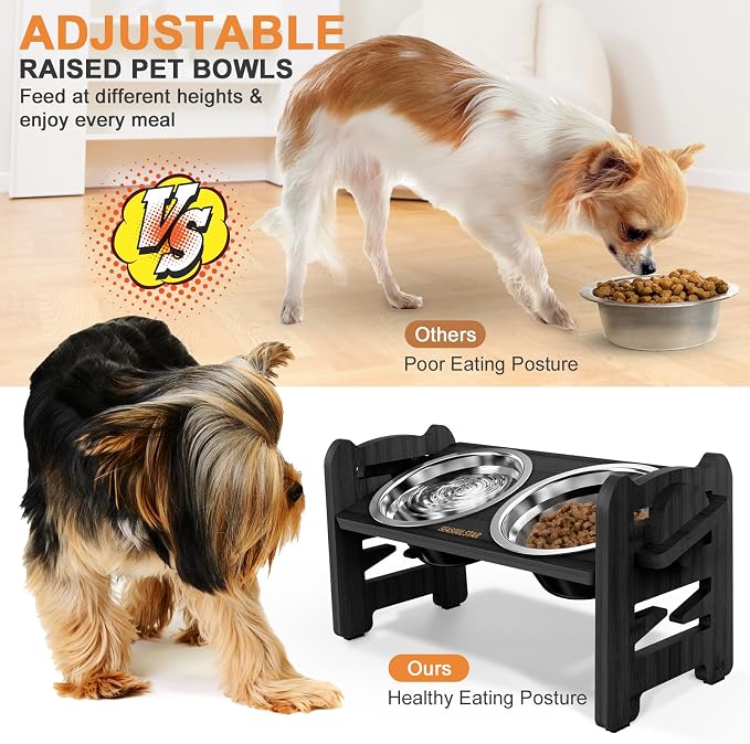 Elevated Dog Bowls - Adjustable Raised Dog Bowls - Dog Bowls with Stand - Dog Feeding Station for Small Dog and Cat with 2 Stainless Steel Bowls and Non-Slip Feet, Durable, Bamboo (Black) - Image 3