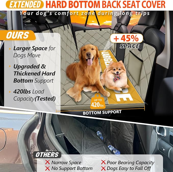 Back Seat Extender for Dogs-Large Space, Dog Car Seat Cover Hard Bottom Holds 420lbs, Sturdy Backseat Extender for Dogs, Upgraded Waterproof Pet Car Bed Dog Hammock for Car SUV, Truck Khaki - Image 2