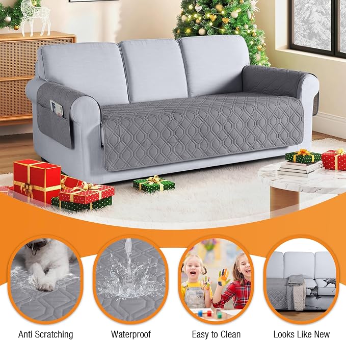 VANSOFY Waterproof Couch Cover for Pets, Light Gray, 67.3" | Non-Slip, Washable, Utility Pockets, Pet Friendly, Furniture Protector Slipcover for 3 Cushion Couch - Image 4