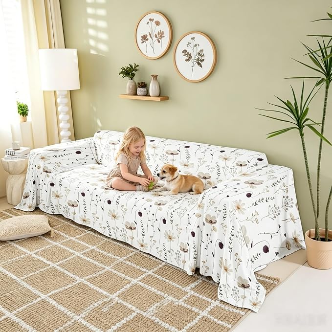 Erosebridal Watercolor Floral Couch Cover Brown Beige Flower Sofa Cover Modern Minimalist White Couch Protector 91" X 134" Rustic Farmhouse Washable Non Slip Sofa Protector for Couches and Sofas - Image 2