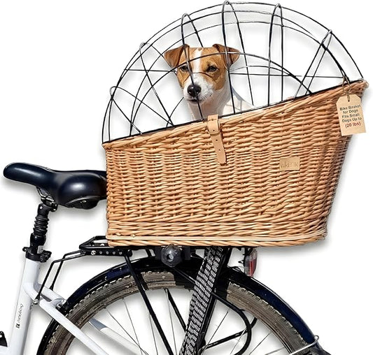 Natural Wicker Dog Bike Basket - 100% Organic Rattan Pet Carrier with Protective Grille - Eco Friendly Design - Soft Cotton Cushion & Mounting Bracket for Secure Bicycle Rear Luggage Rack