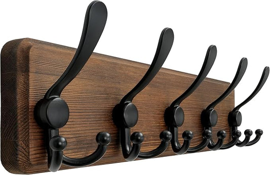 Dseap Coat Rack Wall Mounted - 5 Tri Hooks, Heavy Duty, Wooden Wall Coat Hanger Coat Hook for Clothes Hat Jacket Clothing, Natural & Black by Dseap