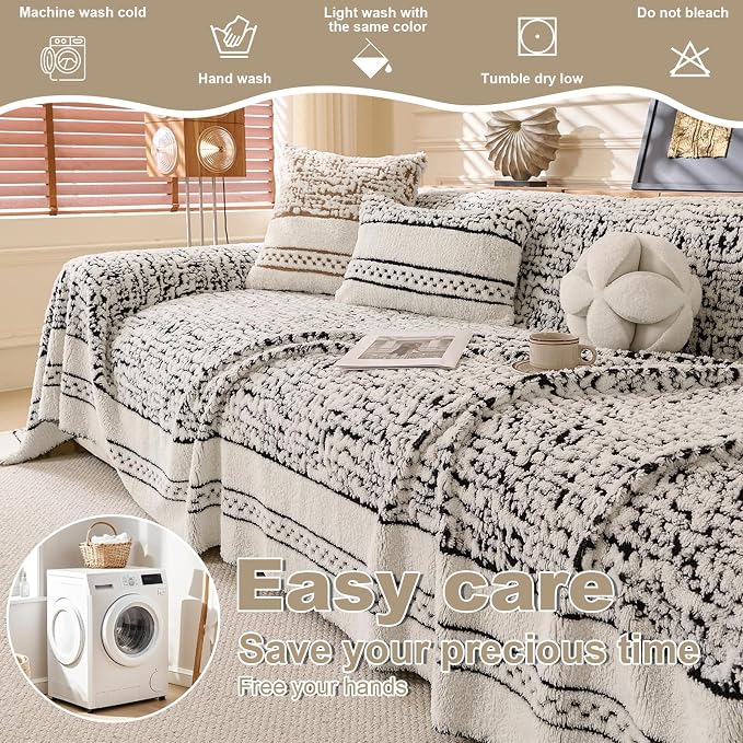 ROOMLIFE Thicked Striped Boho Black Couch Cover for 2-3 Cushion Sofa, Fuzzy Plush Warm Sofa Slipcovers Sectional Sofas Covers, Non Slip Washable Furniture Protector Soft with Tassel,Winter 71''X150” - Image 4