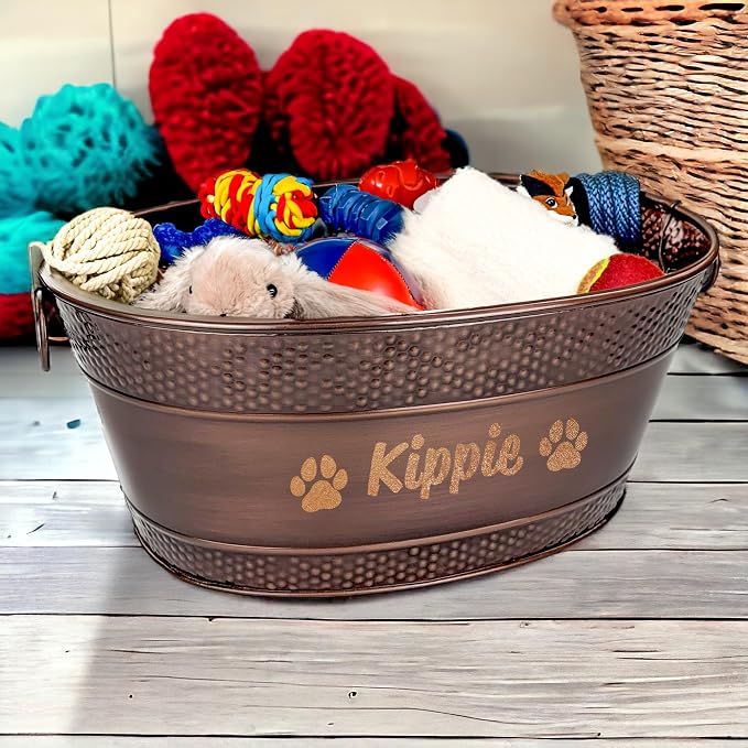 BREKX Personalized Metal Dog Toy Bin - Copper Galvanized Storage Bin with Handles, Basket for Pet Toys, Dog Toy Box, Pet Storage - Custom Dog Name Gift - Image 4