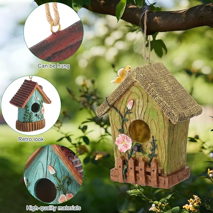 2 Pcs Birdhouse for Outside Hanging Bird Houses for Outdoor Colorful Decorative Cute Resin Birdhouses for Outside Indoors Nesting Garden Backyard Decor, for Bird Lovers(Simple)