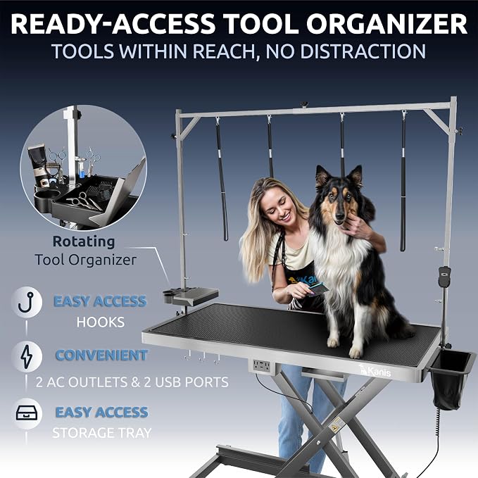 KANIS Professional Electric Dog Grooming Table - Heavy Duty | Height Adjustable Pet Grooming Table w/Leveling Wheels, Dog Grooming Arm, Anti-Slip Tabletop & Tool Organizer (Grey, 49") - Image 8
