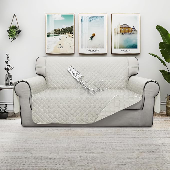 ISSUNTEX Double Protection 100% Waterproof Loveseat Sofa Covers for Living Room, Couch Covers for 2 Cushion Couch Sofa, Reversible Furniture Protector Sofa Cover for Dogs (Loveseat, Ivory/Ivory) - Image 2