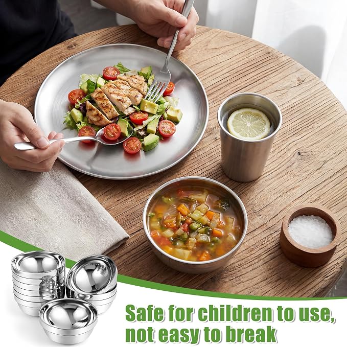 Sunnyray 10 Sets Stainless Steel Plates Bowls and Cups 304 Metal Camping Stainless Steel Dinnerware for Serving Reusable Double Walled Insulated Plates Bowls and Cups for Rice Ice Cream - Image 3