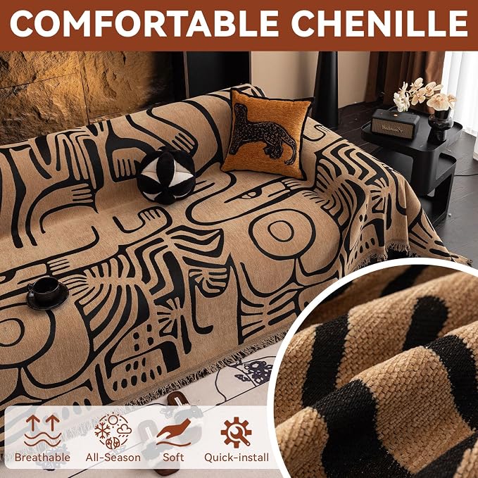 VClife Boho Sofa Cover Pet Sectional Couch Covers, Anti Slip Chenille Sofa Slipcover for 3 Seat, Unique Black Coffee Couch Sofa Covers for 3 Cushion Couch Washable Sofa Covers Throw, 71"X134" - Image 5