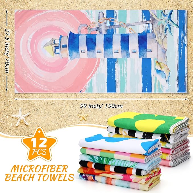 Newwiee 12 Pieces Large Microfiber Beach Towel Set Oversized 59 x 27.5 Inch Beach Pool Towel Bulk Quick Dry Lightweight Colorful Soft Absorbent for Adults Travel Swimming Supplies(Lighthouse) - Image 2