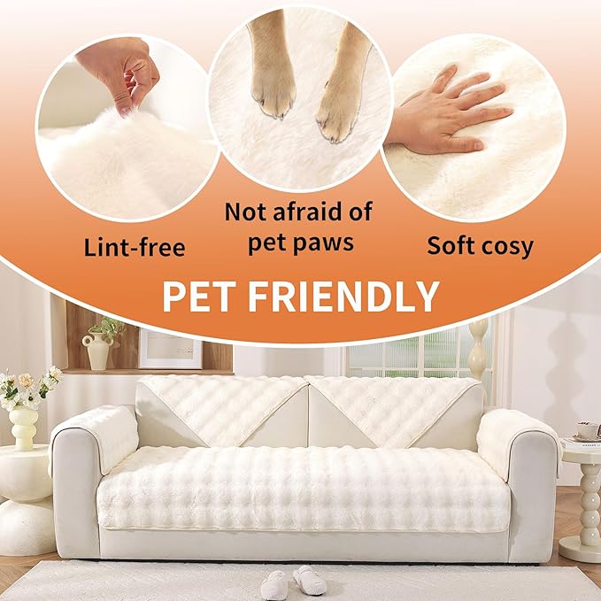 Waterproof Dog Bed Cover Non Slip Couch Covers for Dogs Washable Soft Faux Fur Sofa Cover Couch Covers for 3 Cushion Couch Sofa Pet Friendly (Off White) - Image 5