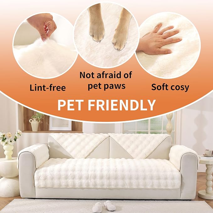 Waterproof Dog Bed Cover Non Slip Couch Covers for Dogs Washable Soft Faux Fur Sofa Cover Couch Covers for 3 Cushion Couch Sofa Pet Friendly (Off White) - Image 5