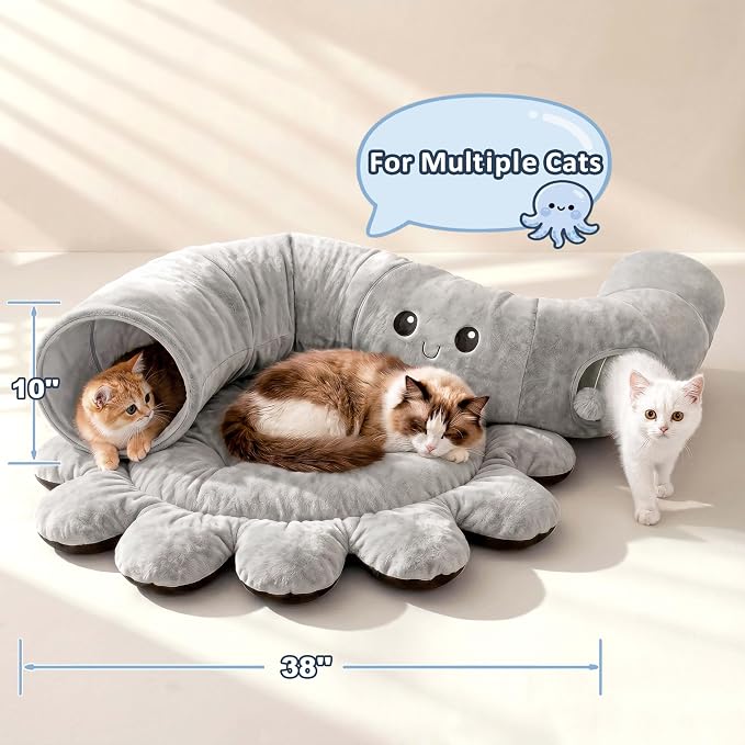 Cat Tunnel Bed for Indoor Cats, Peekaboo Cat Cave Bed with 20 Pcs Cat Toys, Soft Cat Donut Tunnel for Kitten Large Cats, Grey Octopus - Image 7