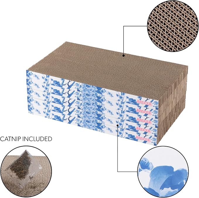 Naomi 18" x 10" Reversible Corrugated Cardboard Cat Scratcher Pads with Catnip, 5-Pack, Blue/White Chinoiserie Modern Furniture Protector CSR1009F - Image 4