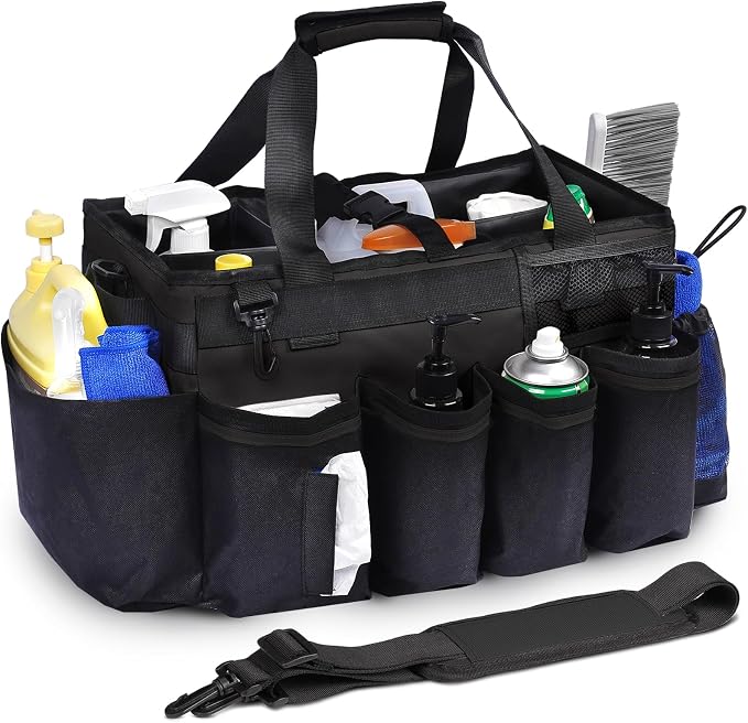 Large Cleaning Supplies Bags for Housekeepers, Professional Wearable Cleaning Supply Caddy for House Cleaners Detail Car Cleaning Supplies Organizer Tote with Handle, Black by Tadacumir