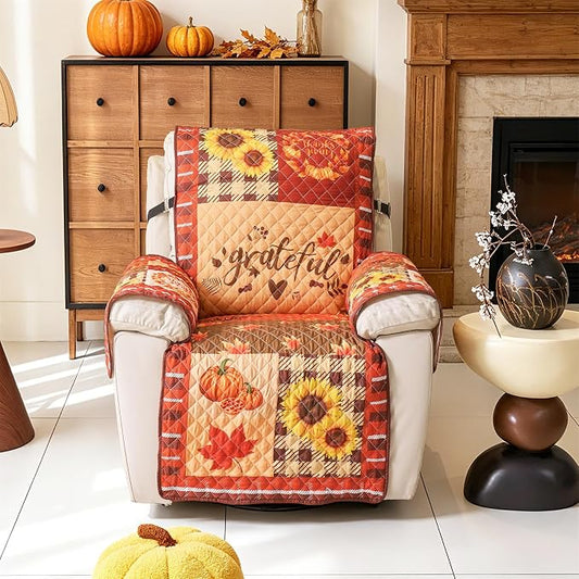 Cmfshape Thanksgiving Recliner Slipcover-Orange Checkered with Pumpkin,Pet Friendly Recliner Chair Covers,Washable Reclining Chair/Furniture Protector for Holiday,Anti-Slip with Elastic Band by cmfshape-quiltset