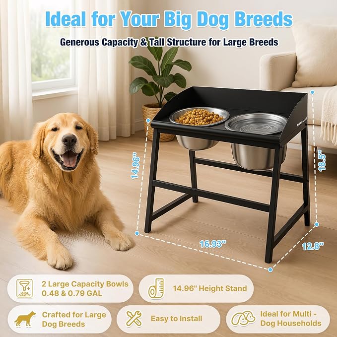 Bobbie & Laxi 15" Elevated Dog Bow for Large Breeds, No-Spill Design | Raised Dog Bowl with Metal Stand, Stainless Steel Dog Food & Water Bowl Set with Raised Splash Wall; Easy to Clean Dog Bowl - Image 5