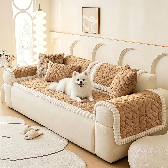 OTOB Plush Couch Arm Cover Washable, Non Slip Sofa Armchair Covers, 1 Piece | Coffee, 27.6"x27.6", Pet Friendly, All Seasons, Fuzzy, Geometric Jacquard, Soft Breathable, Furniture Protector by OTOB