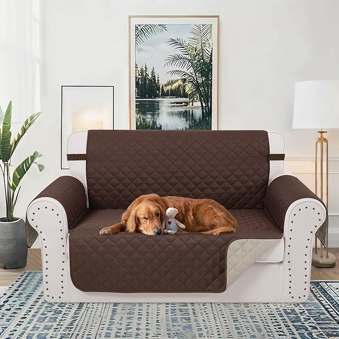 Reversible 45" Small Loveseat Sofa Covers, Chocolate/Beige | Loveseat Covers for Dogs Water Repellent, Friendly Furniture Protector with Elastic Straps for Living Room - Image 2