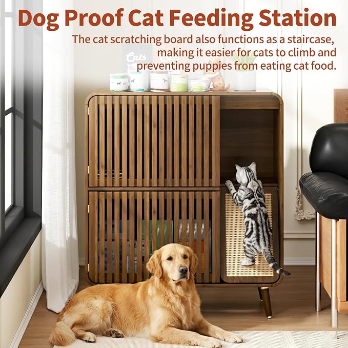 Dog Proof Cat Feeding Station, Pet Feeding Station with Storage and Scratching Board, 2 Raised Steel Bowls for Indoor Cats, Elevated Food Bowls with Stand, Large Pet Furniture, Brown - Image 3