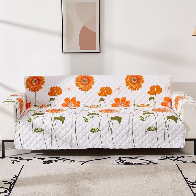 EVENHUG Sofa Cover for 3 Cushion Couch Sunflower Sofa Slipcover Washable 3 seat Couch Cover Furniture Protector Cover with Elastic Straps for Pets Kids Dog Cat (Sofa,Orange) - Image 5