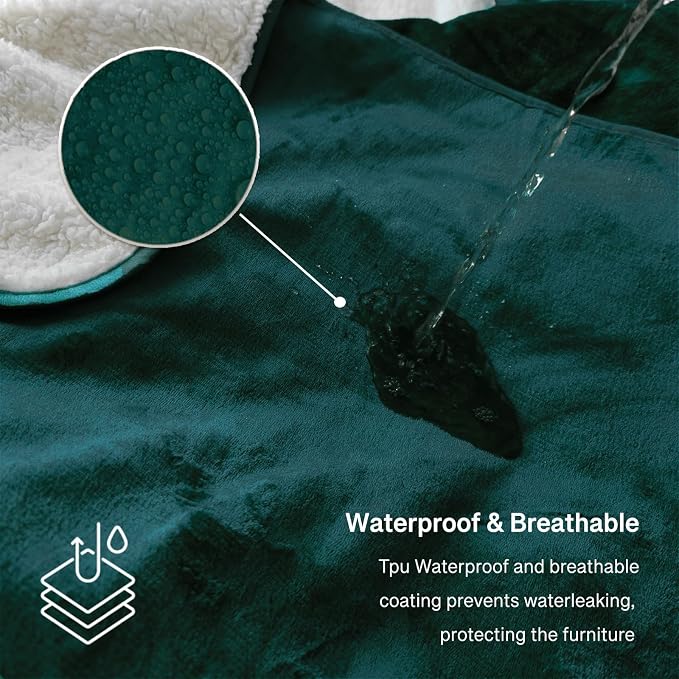 Waterproof Queen Size Blanket for Bed 60''x80'', 3 Layer Lightweight and Stain Proof Bed Blanket Water Proof & Dogs, Blankets Waterproof - Sherpa Cover Mattress Protector(Emerald Green) - Image 2