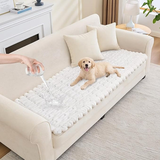 Waterproof Dog Couch Cover, Non Slip Pet Sofa Protector, Thick Fuzzy Couch Cover for Dogs, Machine Washable Furniture Protector, Scratch Resistant Pet Couch Mat(White, 28" x 59"/70 x 150cm) by Taque