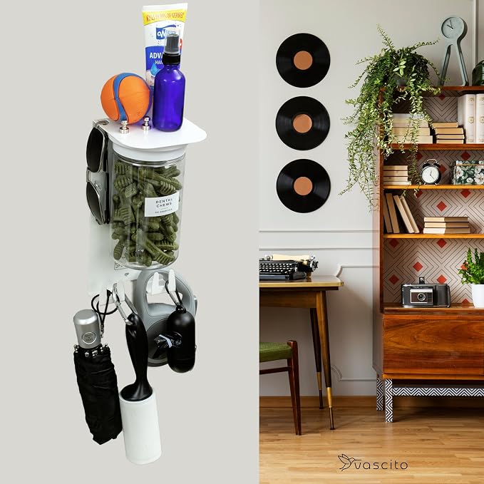 Dog Leash Holder for Wall with Shelf — Wall Mounted Dog Treat Holder & Station, 1 Large Airtight 32oz Treat Container, 6 Hooks, Patented Lidless Slide-to-Seal Jar, Solid Steel, Made in USA - Image 8
