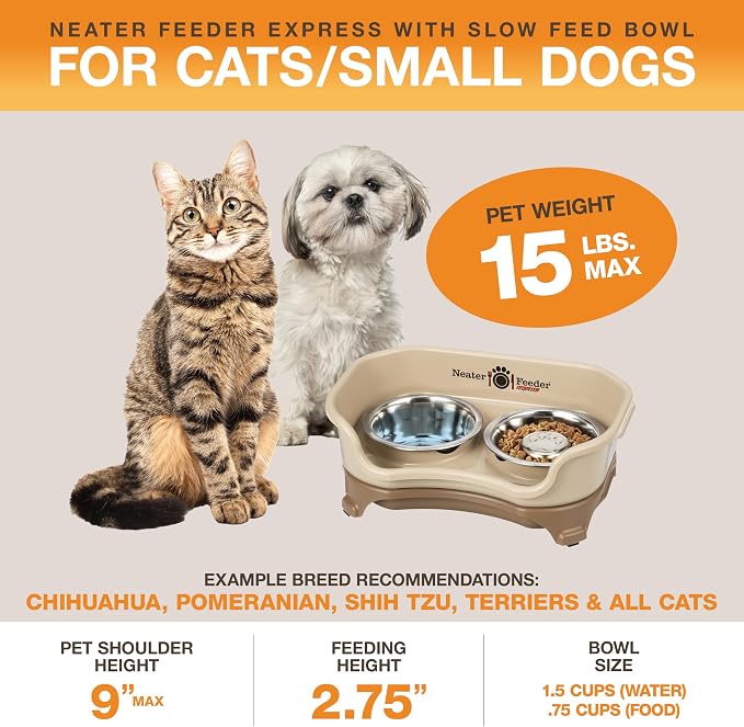 Neater Feeder Express Mess Proof Dog Bowls Elevated for Small Breeds Under 15 Lb, Made in USA, No Spill Raised Dog Food Bowl Stand, Stainless Steel Slow Feed and Standard Water Bowl Set, Cappuccino - Image 2
