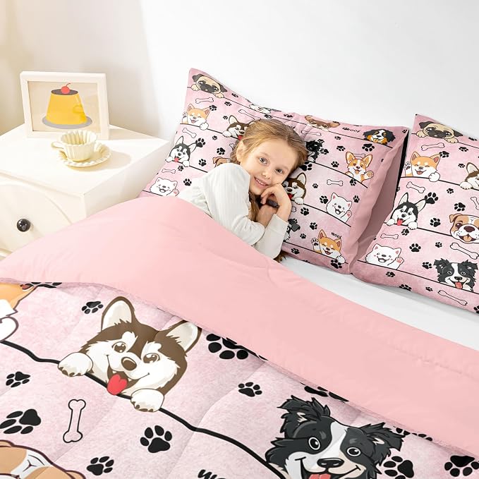Manfei Black Paw Bone Print Pink Bedding Set for Boys Girls,Cartoon Puppy Pet Animals All Season Cozy Comforter Set Full Size,Cute Dog Duvet Set Bedroom Decor,Personalized Birthday Gifts - Image 5