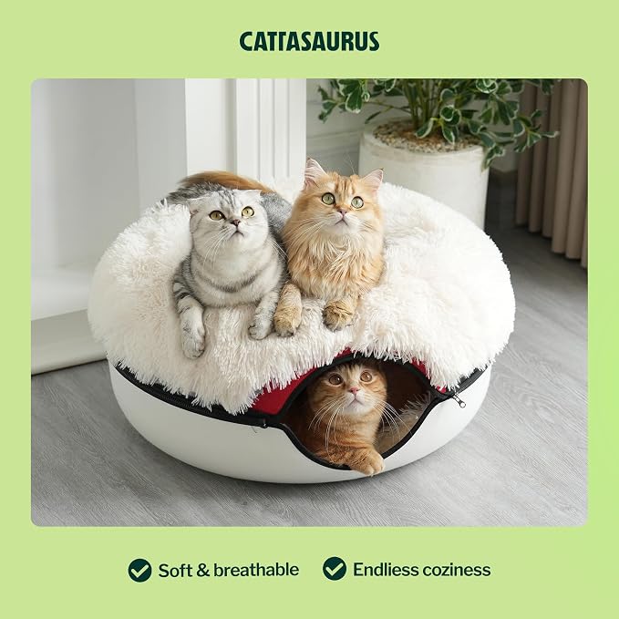 Cattasaurus Peekaboo Cat Cave for Multiple & Large Cats Up to 30-45 Lbs, Fluffy Cat Beds & Furniture, Scratch Detachable & Washable Tunnel Bed, Comfy Donut Bed (Ruby Snowball, Large (Calming)) - Image 5