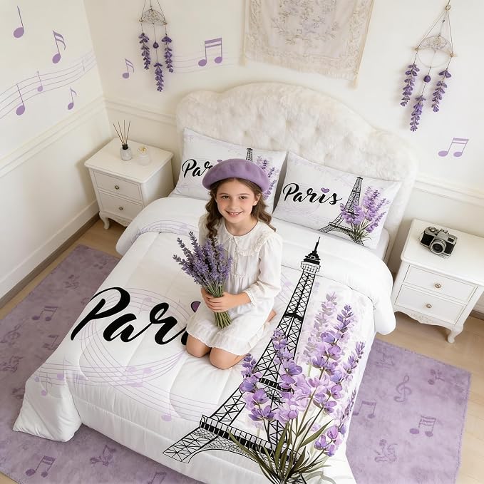 Homewish Eiffel Tower Comforter Set King Size, Purple Lavender Flowers Print Bedding Set, Romantic Paris City Floral Style Decor for Kids Girls Boys Teens, 3pcs Polyester Quilt Duvet Dorm Bedroom, - Image 3