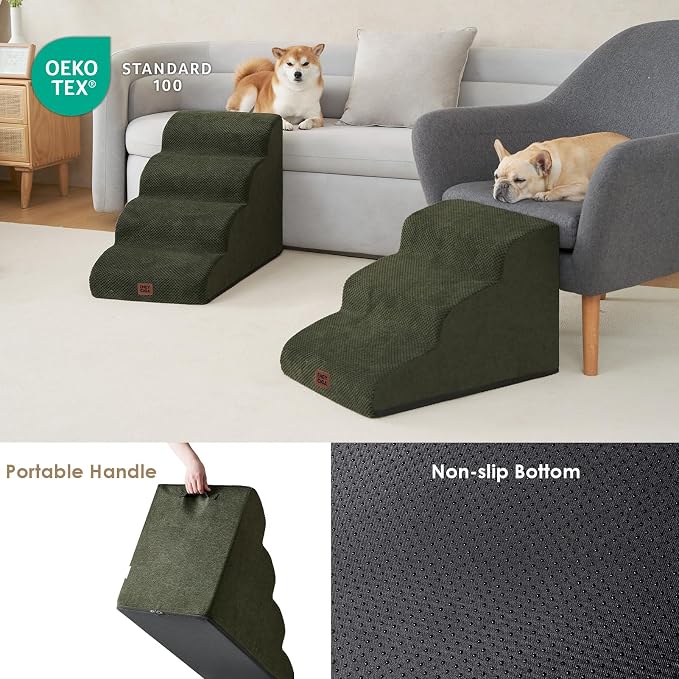 EHEYCIGA Curved Dog Stairs Ramp for Small Dogs 15.7" H, 3-Step Dog Steps for Couch Sofa and Chair, Pet Stairs for Cats, Non-Slip Balanced Pet Steps Indoor, Military Green - Image 5