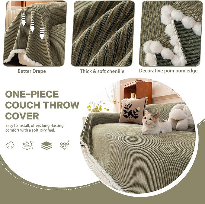 DREAMINGO Striped Chenille Couch Cover Blanket Washable Furniture Protector for Pets/Kids Farmhouse Modern Style Decorative Sofa Throw Cover for Living Room, Pom Pom Trim, Green, 71"x150" - Image 3