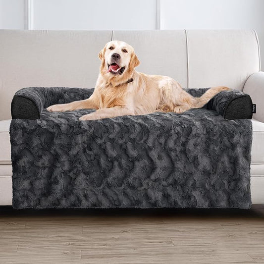 Calming Extra Large Dog Bed for Couch, 45 x 37 inch Removable Couch Cover for Dogs Washable, Non-Slip Fluffy Plush Dog Sofa Mat for Furniture Protector - Dark Grey by blunique