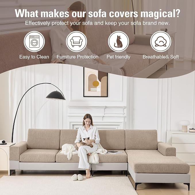 Couch Cushion Covers Sectional Couch Covers Stretch Washable Soft Seat Cushion Covers Furniture Protector Sofa Slipcovers for Pets(Khaki,1 Piece Seat Cover or Back Covers) - Image 6