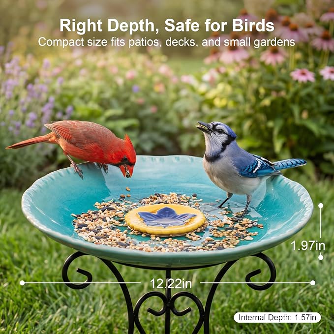 Topadorn 2" Depth Ceramic Birdbath & Birdfeeder for Small Birds Outdoors | 12.2'' Bird Bath Bowl For Vintage Garden Patio Yard Lawn Decor, Blue with Yellow Flower - Image 3