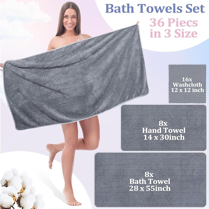 Peryiter 32 Pcs Towels and Washcloths Sets Towel Set of 8, 8 Bath Sheets 8 Washcloth 16 Hand Towels Coral Velvet Microfiber Towel, Soft Absorbent Quick Drying for Beach Pool Bathroom Hotel Spa Shower - Image 2