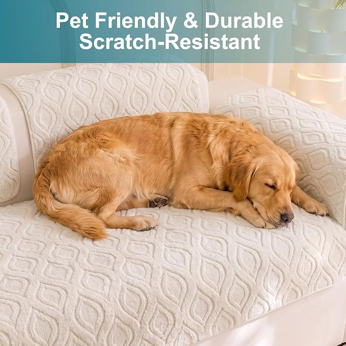 KRFOONN Couch Cover for Dogs Non Slip Washable Plush Sofa Protector Beige | Pet Sofa Slipcovers for 3 Seaters Cushion Couch, Scratch Resistant, Soft Boho Pet Covers for Couches & Sofas (35.5" x 83") - Image 3