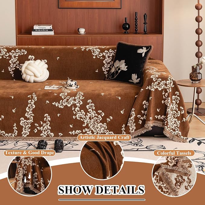 STACYPIK Botanical Aesthetics Coffee Couch Cover Vintage Ginkgo Leaf Sofa Cover for 3 Cushion Couch Soft Chenille Loveseat Couch Slipcover for Sectional with Tassels Sofa Protector for Pets-71X134IN - Image 4