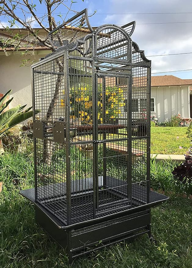 Large Elegance and Durable Wrought Iron Open Play Top Stand Bird Parrot Rolling Cage, Include Metal Seed Guard Solid Metal Feeder Nest Door by Mcage