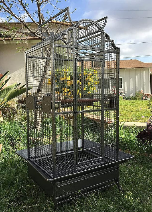 Large Elegance and Durable Wrought Iron Open Play Top Stand Bird Parrot Rolling Cage, Include Metal Seed Guard Solid Metal Feeder Nest Door by Mcage