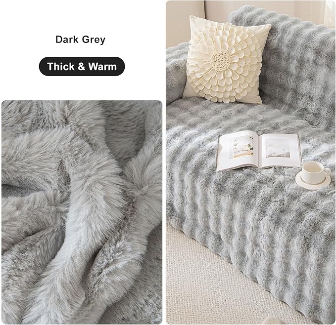 Ultra Soft Faux Rabbit Fur Sofa Covers for 2-3 Cushion Couches, Grey | 1 Piece Non-Slip Couch Covers for Home Decor Warm Cozy Sofa Slipcover Washable for L-Shaped Sofas, 71x134 Inches - Image 5