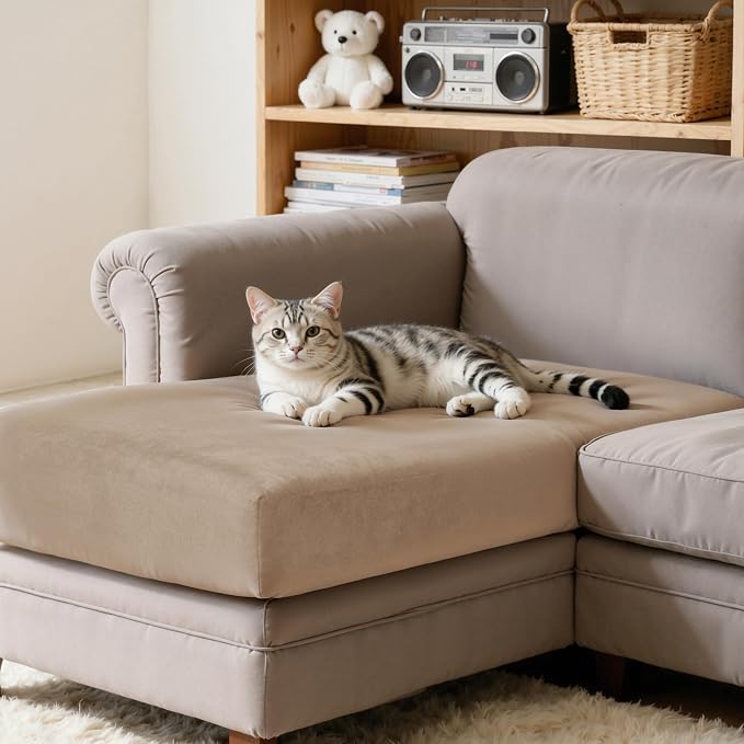 CHUN YI Velvet Couch Cushion Covers, 4 PC Water Resistant Sectional Couch Covers for L Shape Sofa, Individual Seat Cushion Protector for Pets (3 Seater + 1 Chaise, Camel) - Image 5