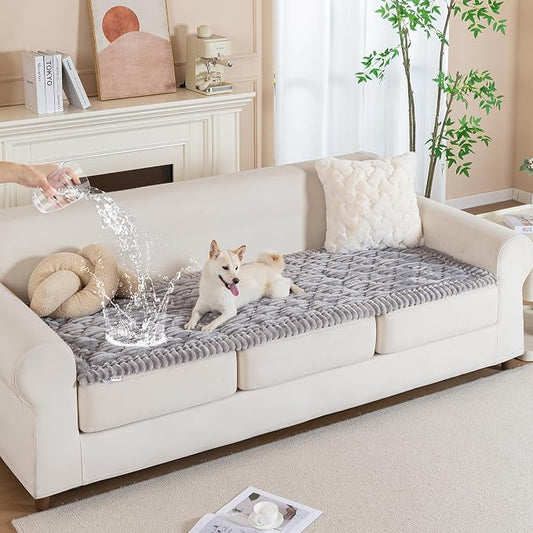 PuTian 100% Waterproof Fuzzy Couch Cover for Dogs Light Grey 27.6"x70.9" | Pet Friendly Dog Mat for Couch, Waterproof Sofa Protector, Scratch Resistant Furniture Cover for Dogs, Machine Washable by PuTianWorld