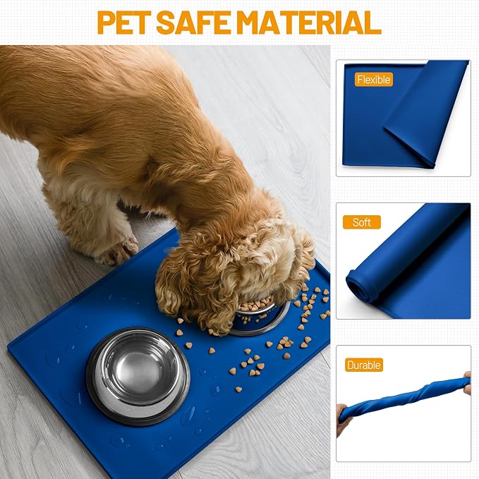 Hubulk Dog Feeding Mat,100% Waterproof Food Grade Silicone Pet Food and Water Bowl Placemat,Dishwasher, High Raised Edge to Prevent Spills,Nonslip Tray to Stop Messes on Floor（28"x18"x0.8", Navy） - Image 5
